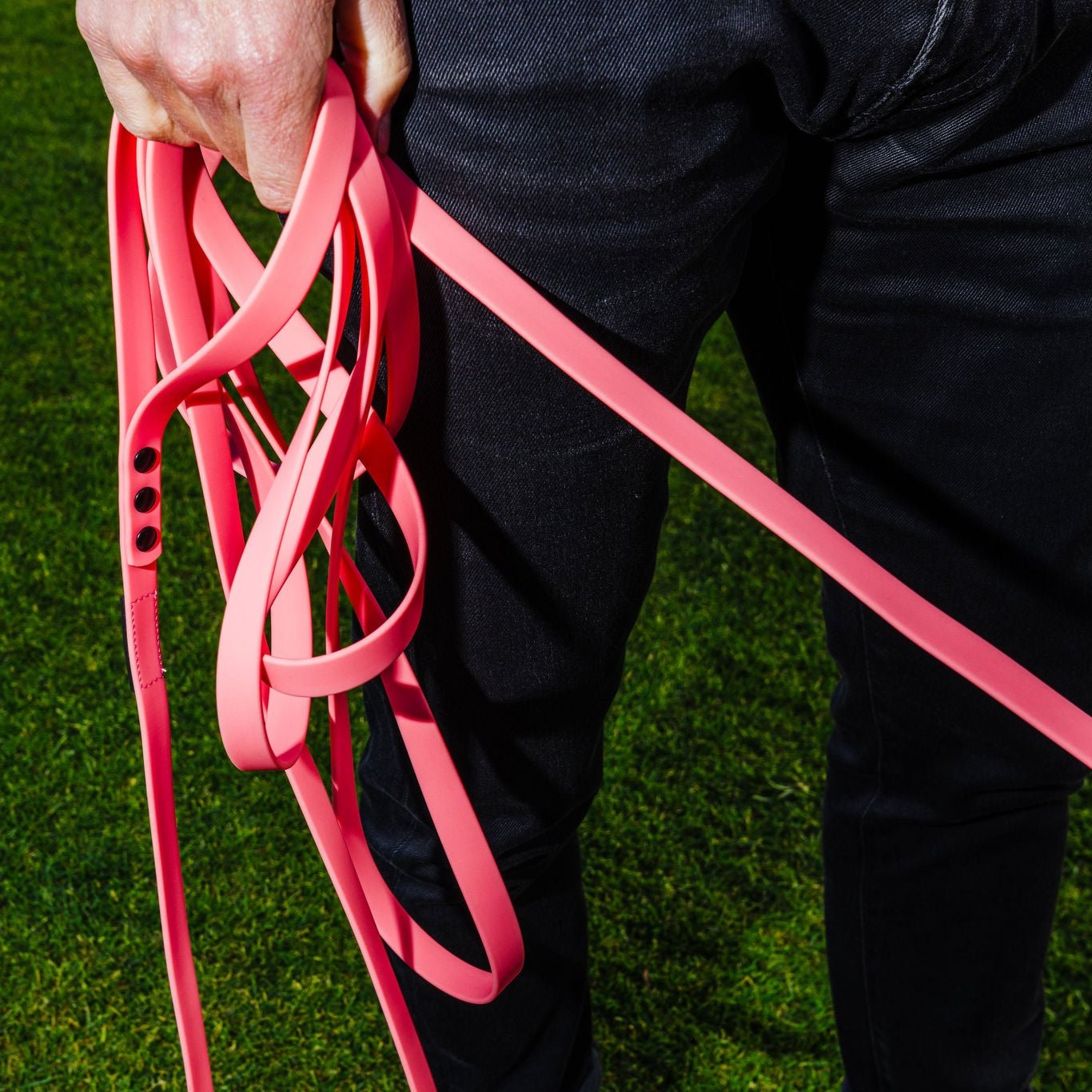Coral long lead for dog training being held by the handle folded up.