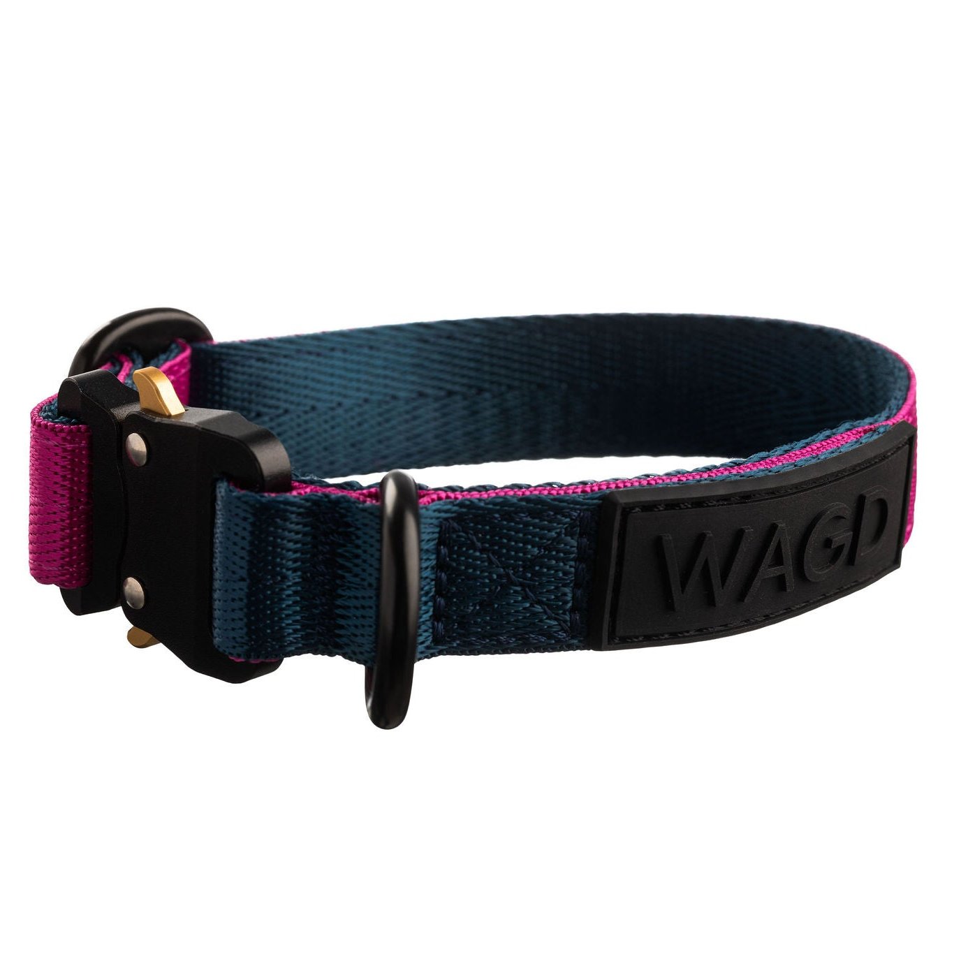 Dog collar in peacock and pink with black clip and d-ring in black. With WAGD Black rubber logo.