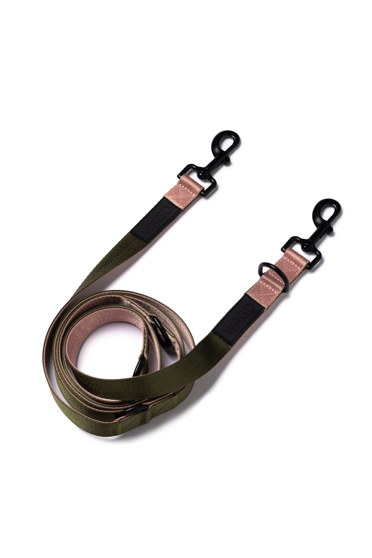 Multi length lead in Olive and Rose with 2 black metal clips at either end and with WAGD rubber logo. 