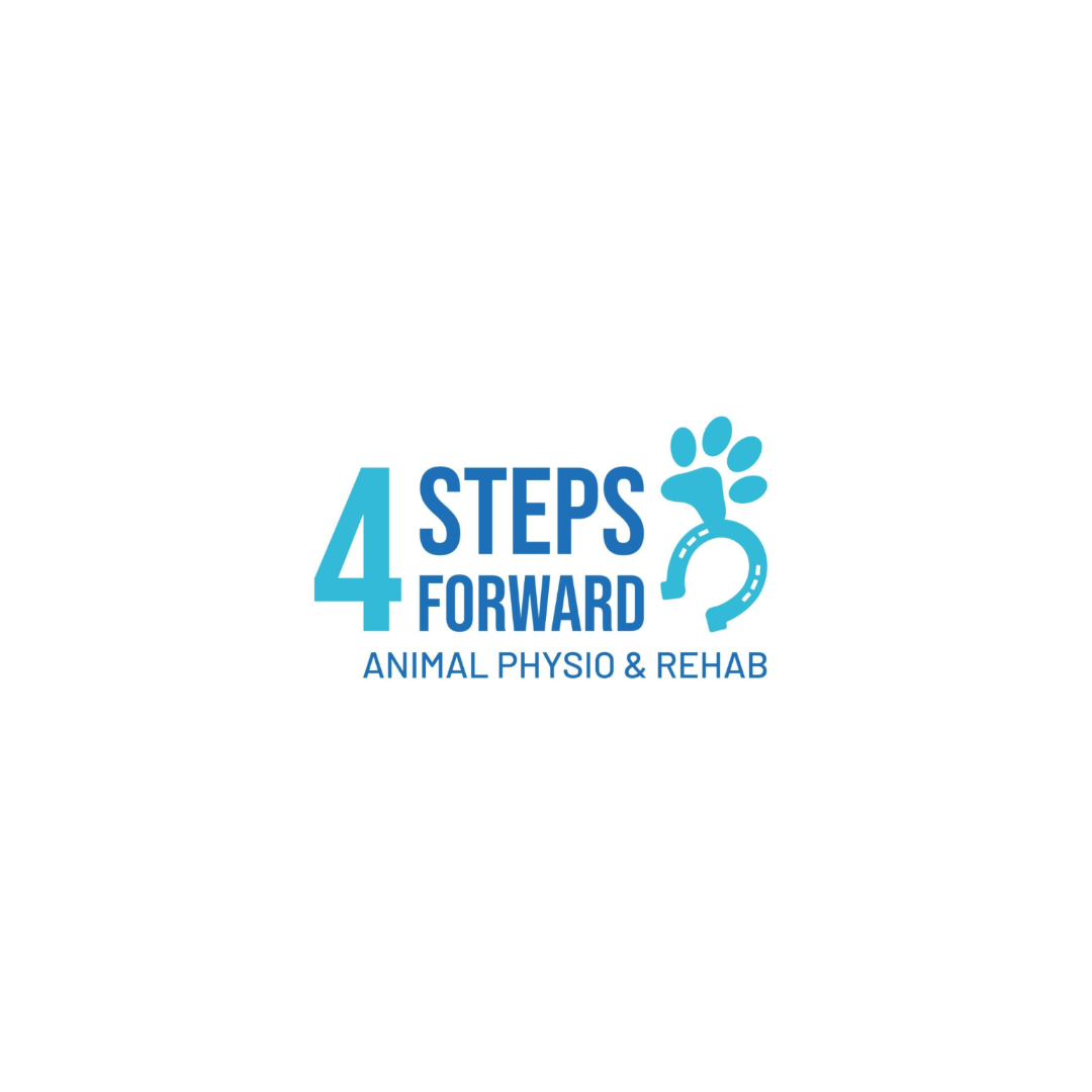 Logo for 4 Steps Forward Animal Physio & Rehab with blue text and paw print design on a white background