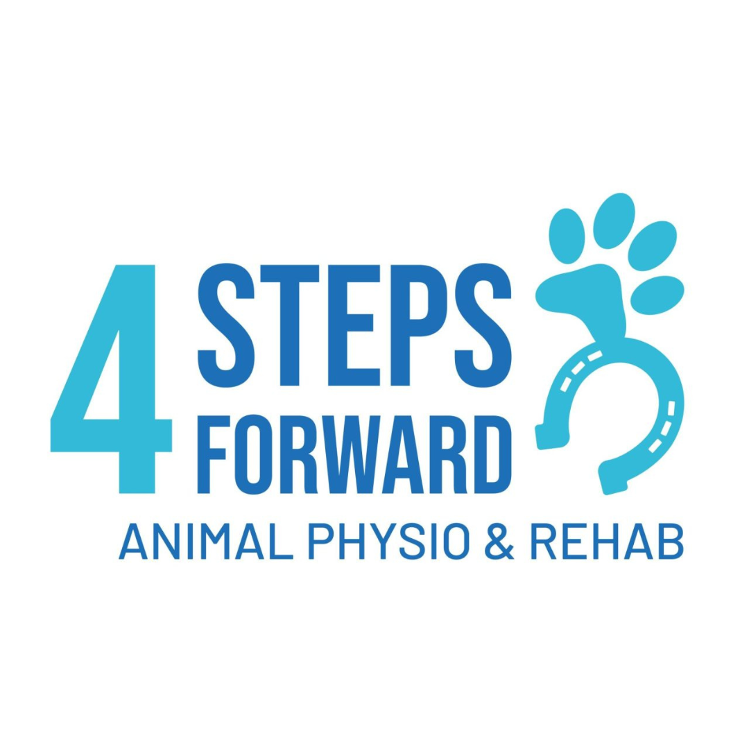 Logo for 4 Steps Forward Animal Physio & Rehab with blue text and paw print design on a white background
