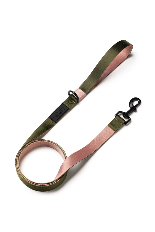 Dog lead in Olive and pink with black clip and black rubber logo below handle.