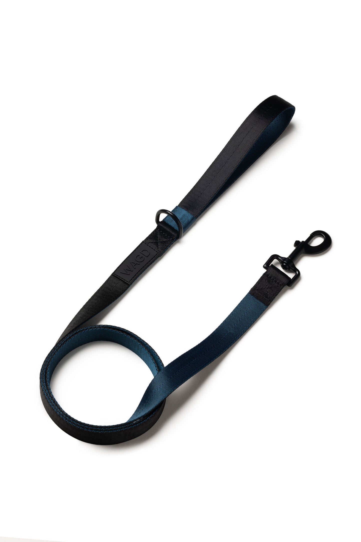 Dog lead in Peacock and black with black clip and black rubber logo below handle.