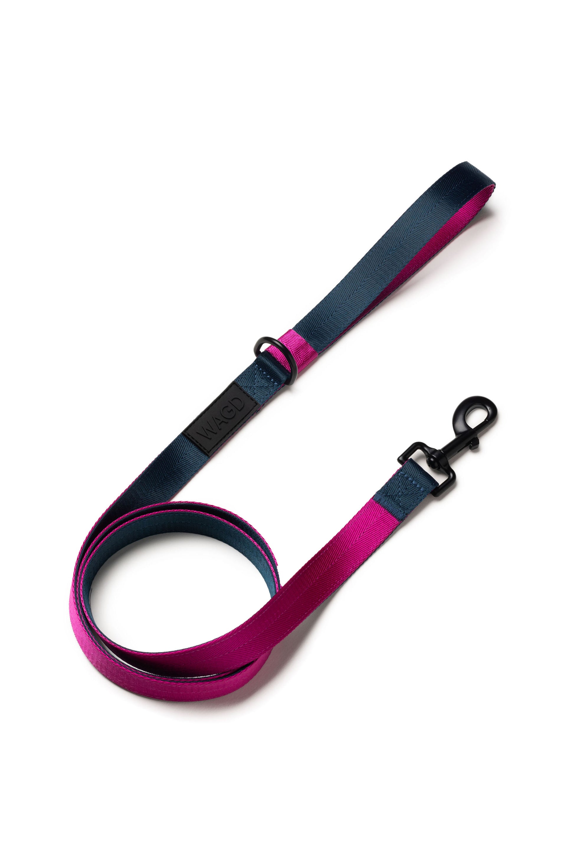 Dog lead in Peacock and pink with black clip and black rubber logo below handle.