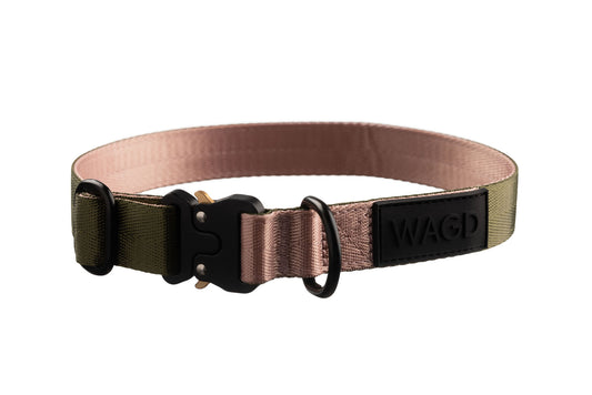 Dog collar in olive and oink with black clip and d-ring in black. With WAGD Black rubber logo.