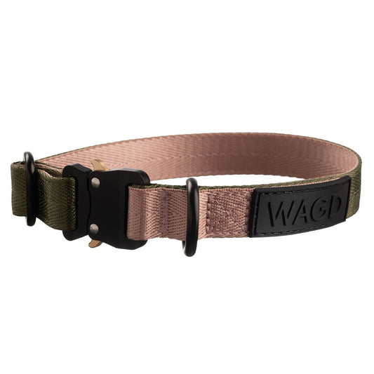 20mm Dog collar in olive and pink with smaller black clip and d-ring in black. With WAGD Black rubber logo.